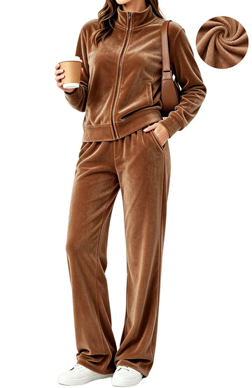 UVN Velour Outfit Set for Women 2 Piece Lounge Sets Casual Full Zip Top and Wide Leg Pants Ladies Fall Tracksuit with Pocket