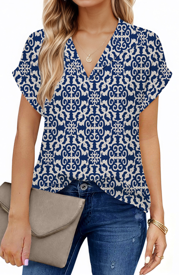 UVN Blouses for Women Summer Short Sleeve Work Shirts Dressy Casual V Neck Print Tops