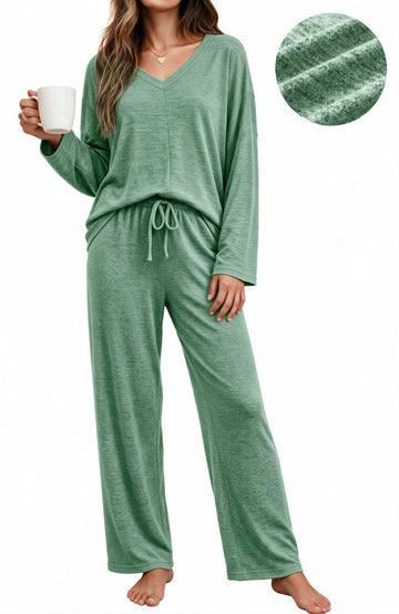 UVN Fall Womens Pajama Set 2 Piece Long Sleeve V Neck Top and Wide Leg Pant Ladies Soft Matching Lounge Set with Pockets