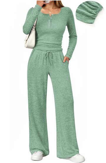 UVN Two Piece Sets for Women Fall Long Sleeve Ruched Tops and Wide Leg Pants Outfits Ladies Fashion Casual Lounge Sets