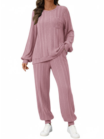 UVN Two Piece Sets for Women Casual Outfits Sets Textured Long Sleeve Shirts and Long Pants Lounge Set Fall Pajama Sets with Pockets