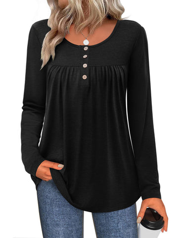 UVN Womens Blouses Long Sleeve Crew Neck Shirts Button Up Pleated Dressy Casual Tunic Tops