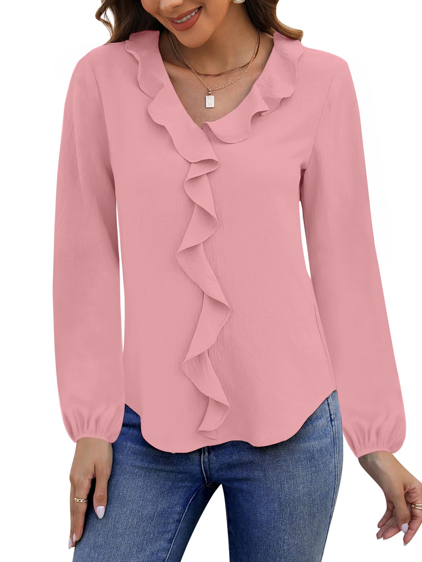 UVN Blouses for Women V Neck Long Sleeve Shirts Dressy Casual Ruffle Chiffon Tops