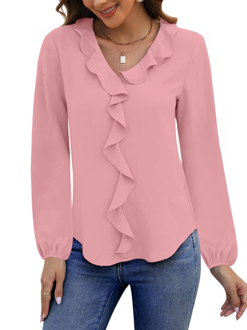 UVN Blouses for Women V Neck Long Sleeve Shirts Dressy Casual Ruffle Chiffon Tops