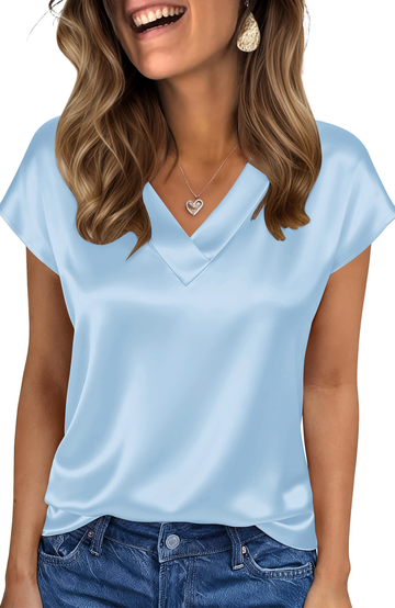 UVN Women Tops Summer Cap Short Sleeve Blouses Ladies V Neck Silk Satin Business Casual Shirts