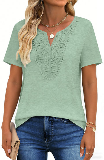 UVN Blouses for Women Summer Short Sleeve V Neck Lace Shirts Dressy Casual Boho Tunic Tops