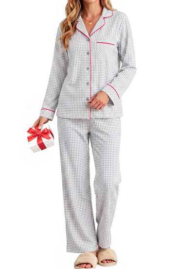 UVN Womens Cotton 2 Piece Pajama Set Fall Gingham Button up Top and Long Pant Casual Ladies Plaid Loungewear