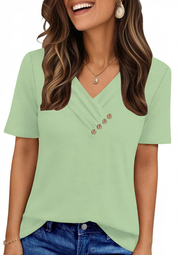 UVN Blouses for Women Summer Short Sleeve V Neck Button Shirts Dressy Casual Business Tunic Tops