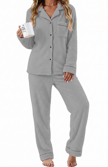 UVN Fuzzy Womens Pajama Winter 2 Piece Button up Loungewear Set for Women Long Sleeve Top and Long Pant Fleece Sleepwear with Pockets