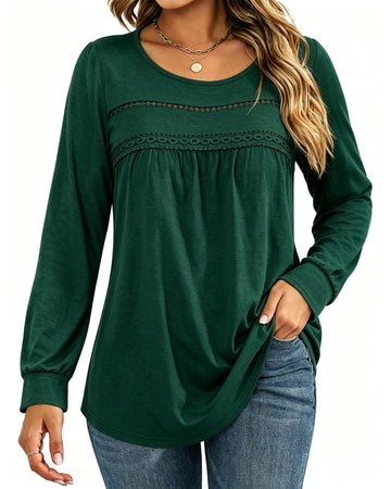UVN Blouses for Women Long Sleeve Crochet Ladies Lace Shirts Crew Neck Dressy Casual Tops