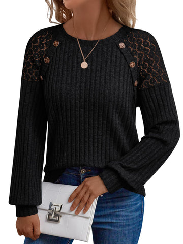 UVN Blouses for Women Casual Long Sleeve Shirts Dressy Hollow Out Lace Button Tops Fall Lightweight Pullover