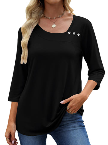 UVN Summer Square Neck Blouses for Women 3/4 Sleeve Shirt Ladies Dressy Casual Button Tunic Tops