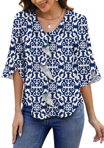 UVN Chiffon Blouses for Women Dressy Ruffle V Neck Tops Summer Casual 3/4 Sleeve Shirts