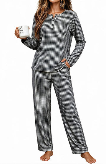UVN Fall Cotton Two Piece Pajamas for Women Plaid Henley Collar Long Sleeve Top and Wide Leg Pant Ladies Sleepwear Casual Lounge Sets