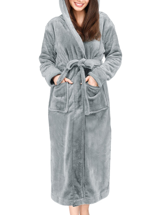 UVN Long Robes for Women Winter Plush Fleece Hooded Bathrobe Soft Cozy Fluffy Sleepwear Nightgown with Pockets