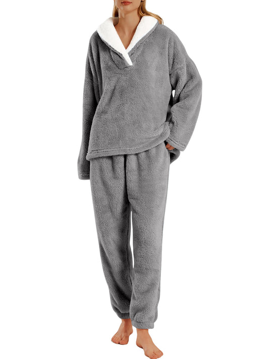 UVN Winter Pajamas for Women Fuzzy Loungewear Sets Ladies Fleece Long Sleeve Tops and Long Pants 2 Piece Sleepwear