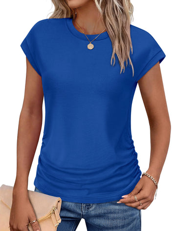 UVN Womens Blouses Summer Crew Neck Vacation Shirt for Women Cap Sleeve Dressy Casual Pleated Tops