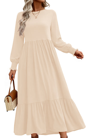 UVN Fall Long Dress for Women Crewneck Casual Long Sleeve Pleated Dresses with Pockets