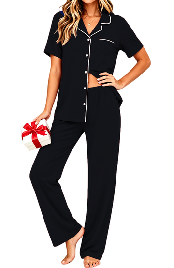 UVN Pajamas for Women Notch Collar Short Sleeve Top and Long Pant Ladies Soft Button up Sleepwear with Pockets