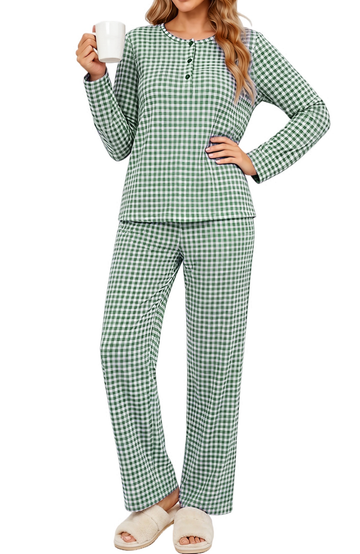 UVN Fall Pajamas for Women Plaid Henley Collar Long Sleeve Top and Wide Leg Pant Ladies Gingham Sleepwear with Pockets