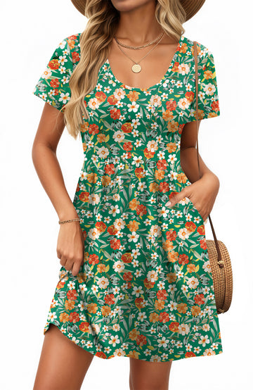 UVN Summer Dresses for Women Boho Floral Print Midi Dresses Casual Short Sleeve U Neck Beach Sundress with Pockets