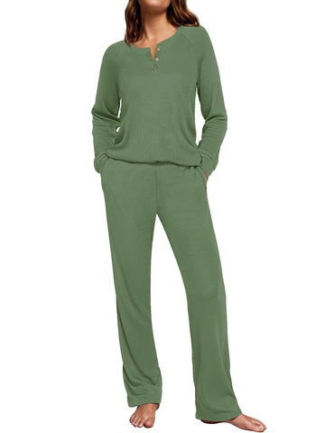 UVN Pajama Sets for Women Waffle Knit Lounge Sets Long Sleeve Henley Shirts and Long Pants Sleepwear 2 Piece Pjs Soft Comfy Loungewear with Pockets