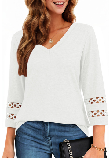 UVN Summer Tops for Women V Neck 3/4 Sleeve Tunic Blouses Ladies Casual Hollow Out Trendy T Shirts
