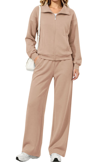 UVN Two Piece Sets for Women Fall Winter Fashion Tracksuit Outfits Lapel Long Sleeve Zip Up Tops and Pants Lounge Sets