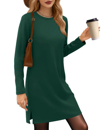 UVN Dresses for Women Fall Winter Long Sleeve Crewneck Casual Pullover Sweatshirt Dress with Side Split