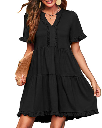 UVN Summer Dresses for Women V Neck Short Sleeve Casual A Line Dress Flowy Swing Ruffle Sundress with Pockets