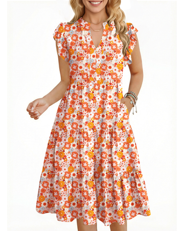UVN Summer Dresses for Women Ruffle Sleeve V Neck Midi Dress Casual Beach Sundress with Pockets