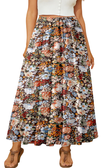 UVN Skirts for Women Summer Chiffon Pleated A-Line Long Skirt Elastic High Waist Swing Tiered Boho Beach Floral Print Maxi Skirts