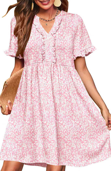 UVN Summer Dresses for Women V Neck Short Sleeve Casual A Line Dress Flowy Swing Ruffle Sundress with Pockets
