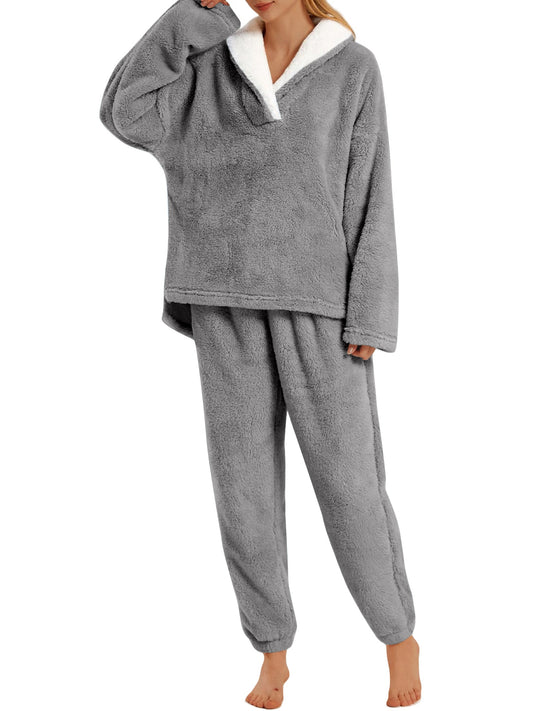 UVN Winter Pajamas for Women Fuzzy Loungewear Sets Ladies Fleece Long Sleeve Tops and Long Pants 2 Piece Sleepwear