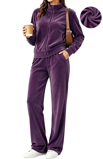 UVN Velour Outfit Set for Women 2 Piece Lounge Sets Casual Full Zip Top and Wide Leg Pants Ladies Fall Tracksuit with Pocket