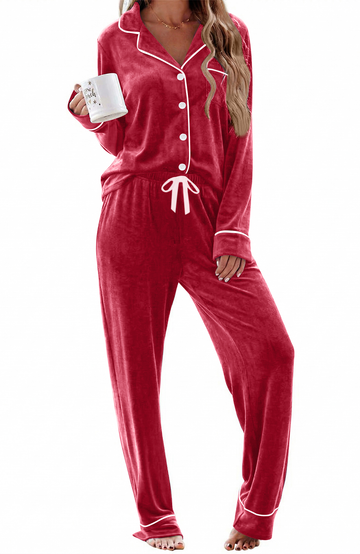 UVN Velvet Pajama Sets for Women Winter Long Sleeve Button Top and Womens Drawstring Pant Sleepwear with Pockets