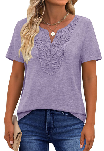 UVN Blouses for Women Summer Short Sleeve V Neck Lace Shirts Dressy Casual Boho Tunic Tops