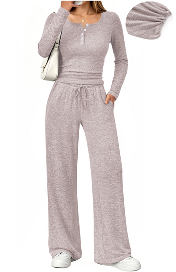 UVN Two Piece Sets for Women Fall Long Sleeve Ruched Tops and Wide Leg Pants Outfits Ladies Fashion Casual Lounge Sets