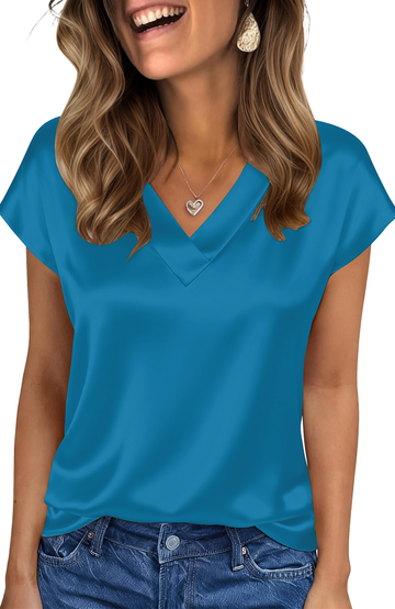 UVN Women Tops Summer Cap Short Sleeve Blouses Ladies V Neck Silk Satin Business Casual Shirts
