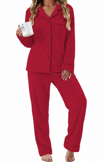 UVN Fuzzy Womens Pajama Winter 2 Piece Button up Loungewear Set for Women Long Sleeve Top and Long Pant Fleece Sleepwear with Pockets