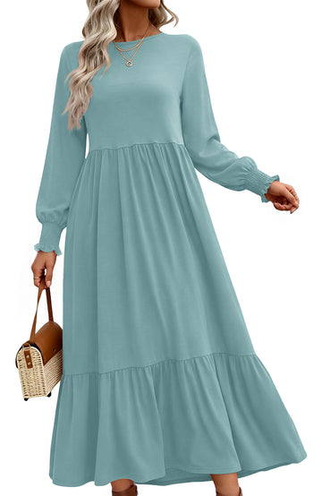 UVN Fall Long Dress for Women Crewneck Casual Long Sleeve Pleated Dresses with Pockets