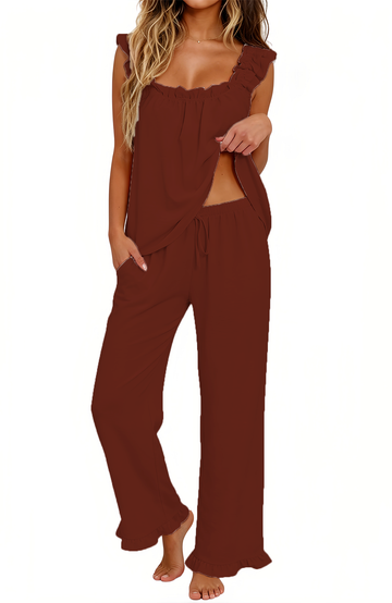 UVN Pajamas for Women 2 Piece Ruffle Strap Tops and Long Pants Ladies Casual Sleepwear Fall Lounge Pajama Sets
