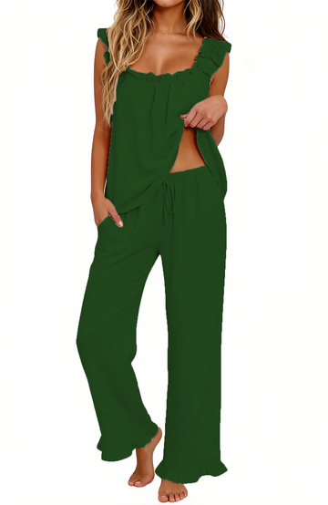 UVN Pajamas for Women 2 Piece Ruffle Strap Tops and Drawstring Long Pants Ladies Casual Sleepwear Lounge Pajama Sets with Pockets