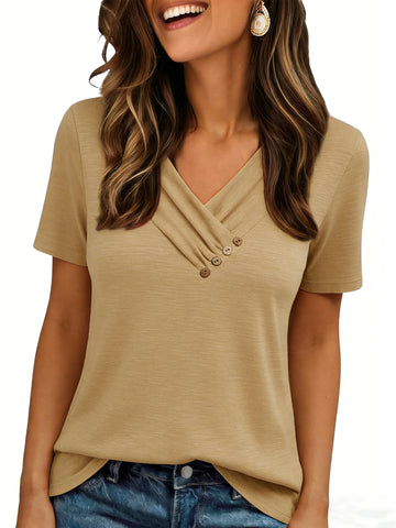 UVN Blouses for Women Summer Short Sleeve V Neck Button Shirts Dressy Casual Business Tunic Tops
