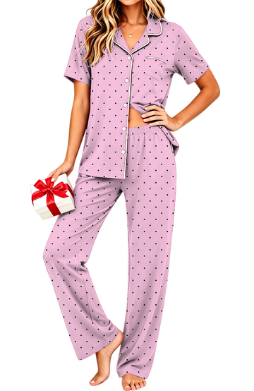 UVN Pajamas for Women Notch Collar Short Sleeve Top and Long Pant Ladies Soft Button up Sleepwear with Pockets