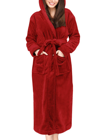 UVN Long Robes for Women Winter Plush Fleece Hooded Bathrobe Soft Cozy Fluffy Sleepwear Nightgown with Pockets
