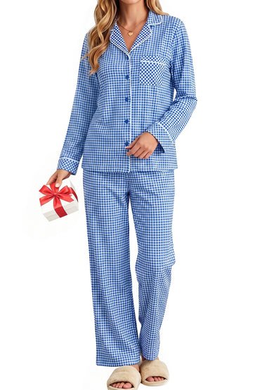 UVN Womens Cotton 2 Piece Pajama Set Fall Gingham Button up Top and Long Pant Casual Ladies Plaid Loungewear