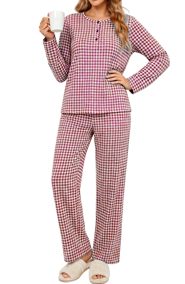 UVN Fall Pajamas for Women Plaid Henley Collar Long Sleeve Top and Wide Leg Pant Ladies Gingham Sleepwear with Pockets