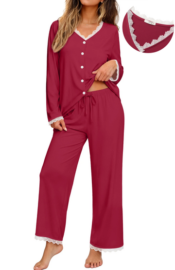 UVN Womens Pajama Sets Fall Long Sleeve Button Down Tops and Pants Two Piece Outfits Ladies Lace Sleepwear Soft Pjs Lounge Sets with Pockets