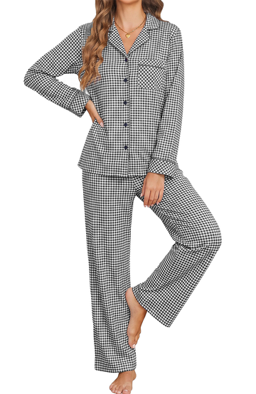 UVN Womens 2 Piece Pajama Set Fall Gingham Button up Top and Long Pant Casual Ladies Plaid Loungewear Set with Pockets